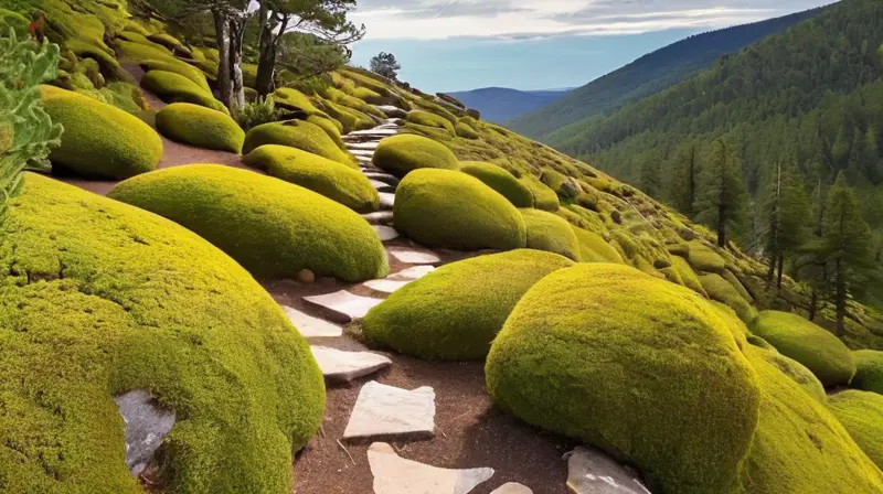 Un sendero de montaña serpentea a través de un paisaje con rocas graníticas, vegetación y sombra bajo una copiosa cubierta arbórea