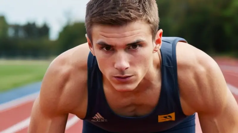 Un joven velocista con cuerpo atlético está de pie en una pista deportiva iluminada por el sol matutino