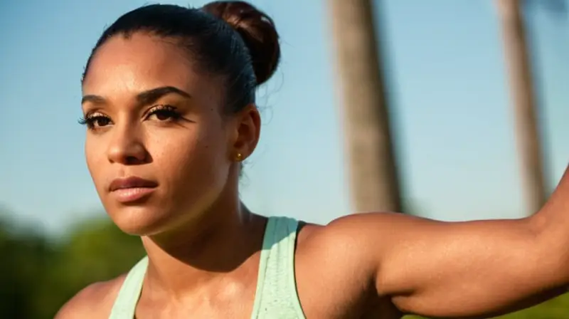 Un joven atleta de piel morena con facciones marcadas y un torso robusto está con foco en una acción deportiva bajo la luz del sol en un campo verde