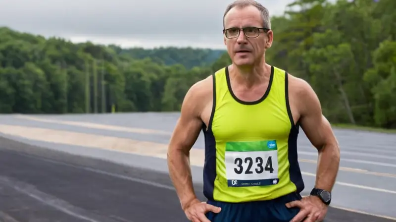 Un corredor masculino camina con esfuerzo en un pista de entrenamiento bajo un cielo cubierto