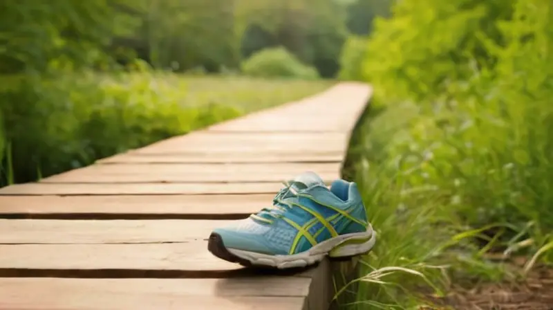 Un zapato de correr desgastado yace en un camino de madera rodeado por una escena de amanecer en un paisaje verde claro