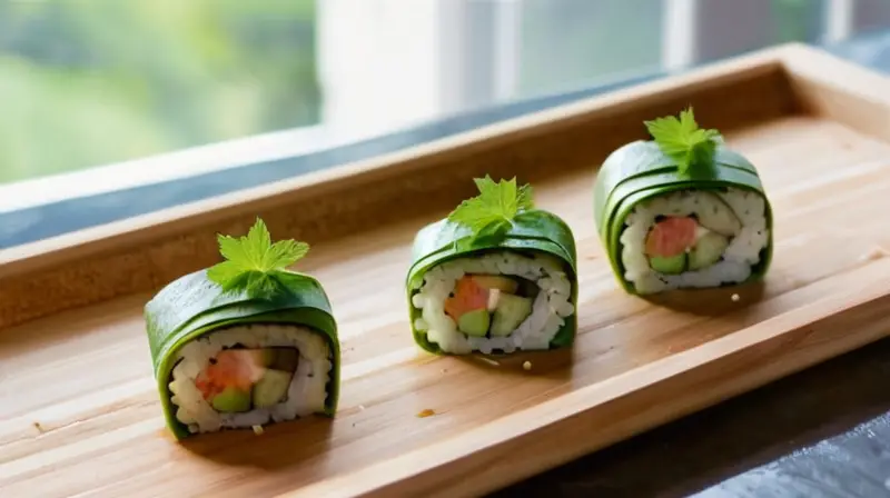 En la mesa de madera se encuentra un rollo de sushi maduro decorado con rúcula y semillas de sésamo