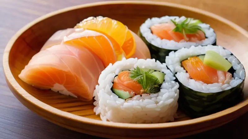 Una mesa dispone de sésamo molido sobre un porta chopsticks y un sushi fresco con frutas cítricas