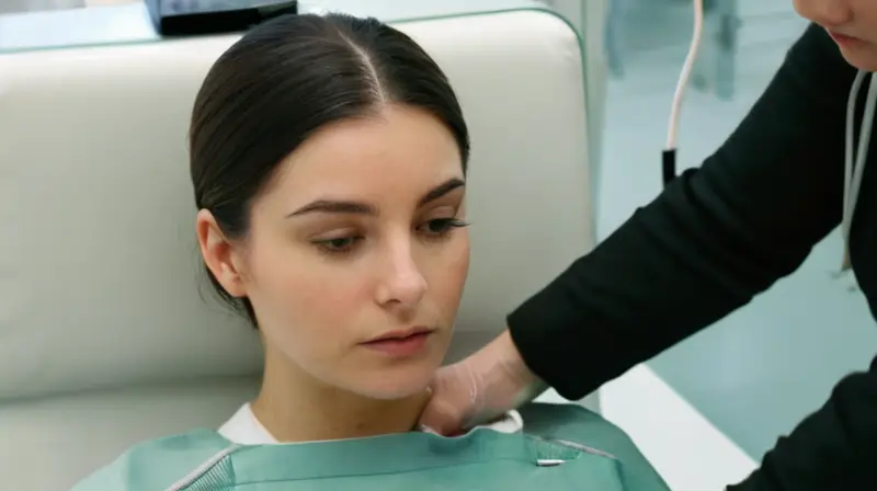 Una joven con el cabello oscuro y una apariencia atlética observa un electroestimulador en una mesa de operaciones