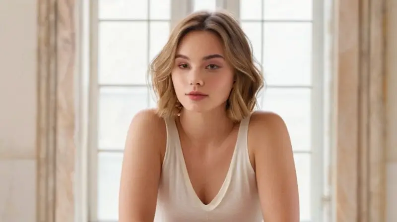 Una joven mujer sentada en una mesa de mármol blanco, relajada y contemplativa, rodeada de luz natural que destaca su belleza delicada