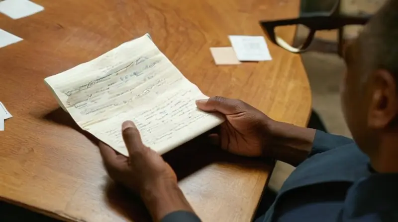 Un hombre de unos 60 años con ojos cansados intenta leer notas escritas en una hoja de papel mientras se sienta en un viejo asiento de madera