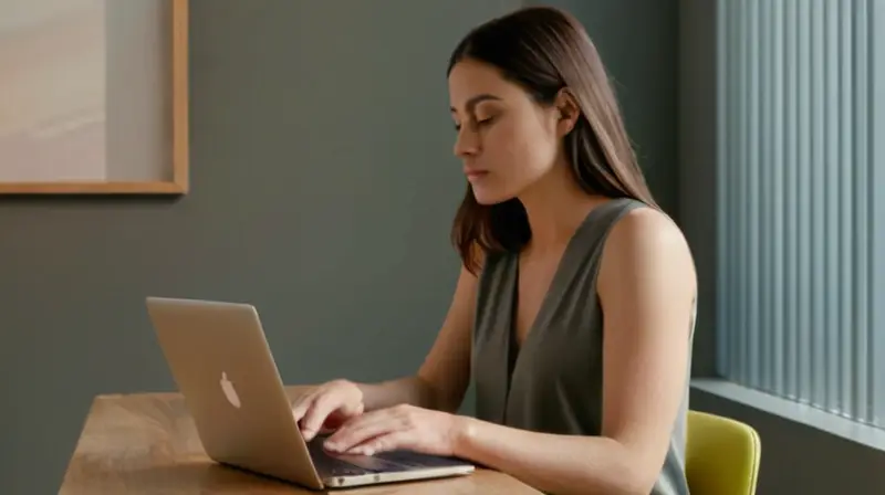 La modelo sentada en un entorno tranquilo y minimalistamente decorado mira hacia abajo mientras se refleja la suave luz ambiental sobre el asiento de piel del sofá