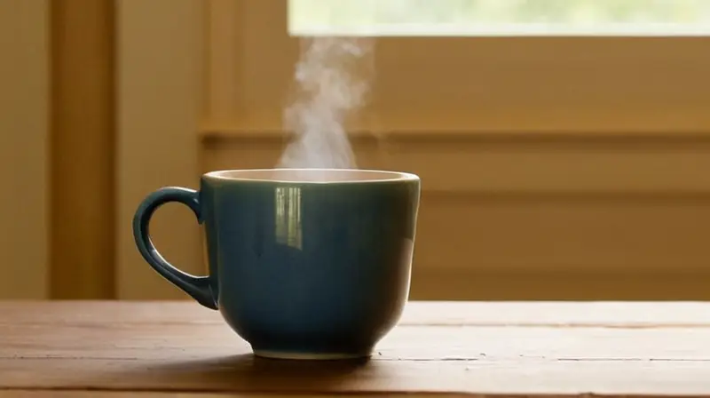 Una taza blanca y polvo de bicarbonato están sobre una mesa de madera, iluminados por la luz del sol que entra suavemente a través de una ventana