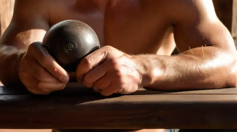 Un torso masculino descansa en una banca de madera rústica, iluminado por la luz solar que destaca sus músculos definidos y un kettlebell en su mano