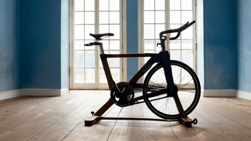 En la habitación hay una bicicleta estacionaria con asiento de cuero desgastado, sostenida por un soporte improvisado con una etiqueta que dice Ergonomía