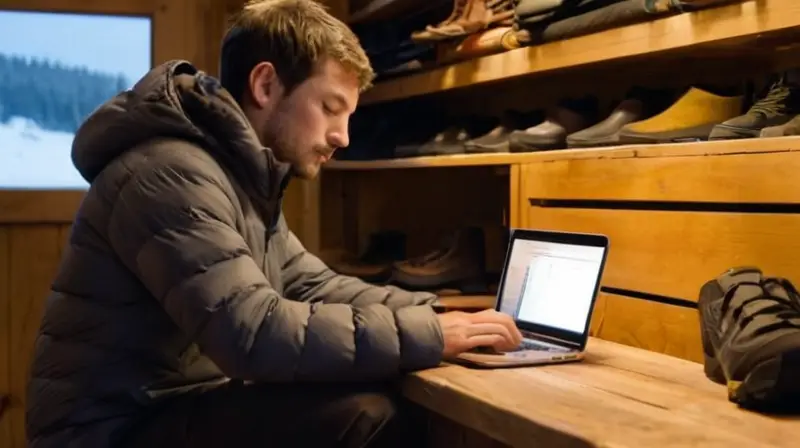 Un joven viajero sentado en un banco de madera estara escribiendo en su laptop bajo la luz cálida del sol