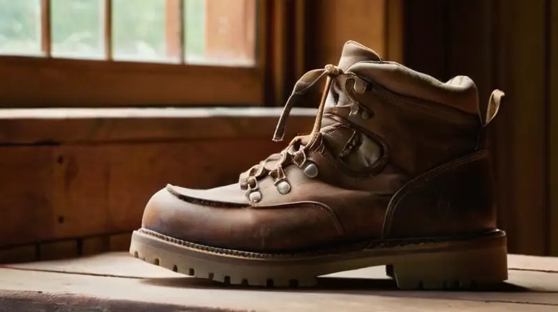 En una mesa gastada y rayada hay un par de botas de senderismo duras que reflejan la luz de una ventana