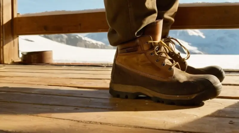 Un hombre está sentado en un rincón de una cabaña montañosa con sus altos botas de caminata sucias y rayadas