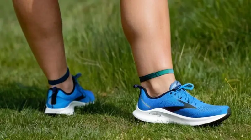 La imagen muestra a una mujer con traje de correr reflectante y zapatos Brooks Levitate 4, en medio de un entorno deportivo olvidando sus pies