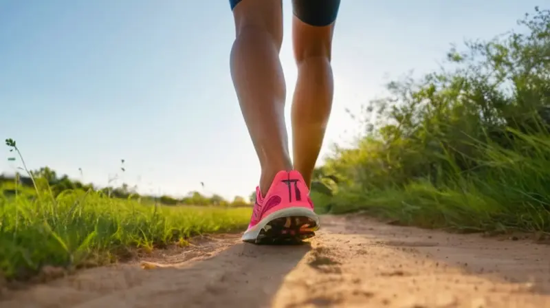 La imagen muestra a un corredor descalzo con zapatos de Brooks Revel 7 caminando en una senda rodeada por vegetación