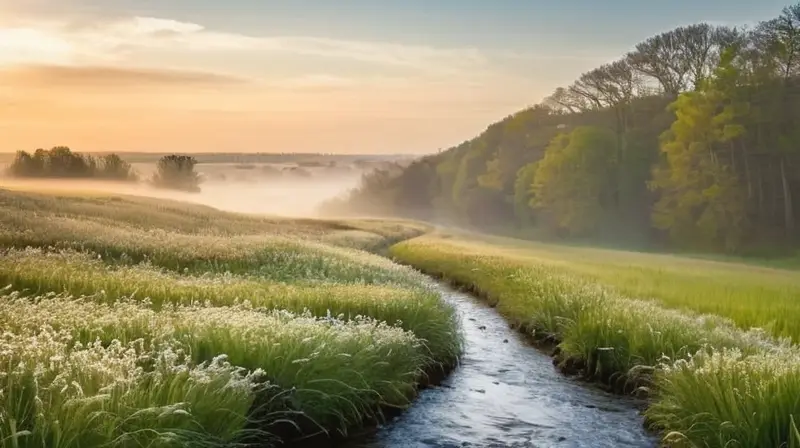 Un paisaje sereno con un cielo gris y nubes de cirro se refleja en el suave humedal de una pradera temprano por la mañana