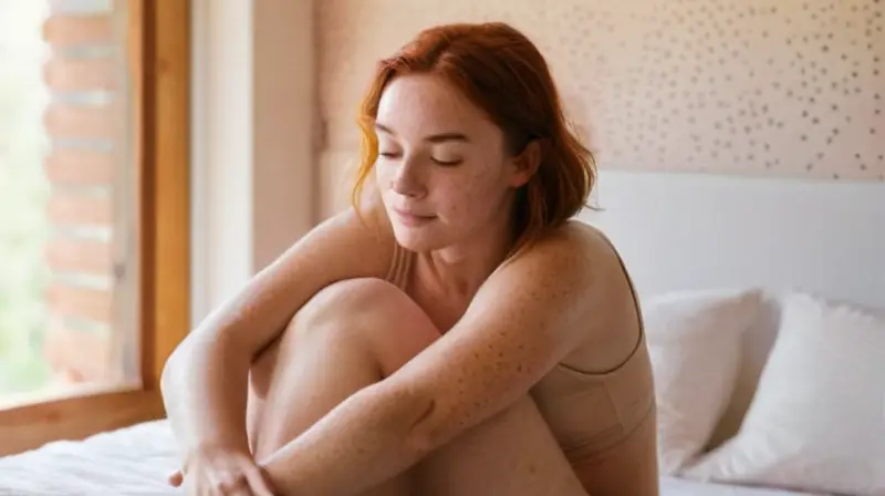 Una mujer joven está sentada en la cama de un dormitorio acogedor, con los brazos alrededor de las piernas y una expresión de reposo profundo