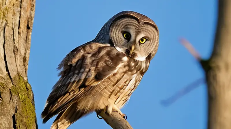 Un búho gris se posa en un tronco rugoso de un árbol bajo la luz suave del sol