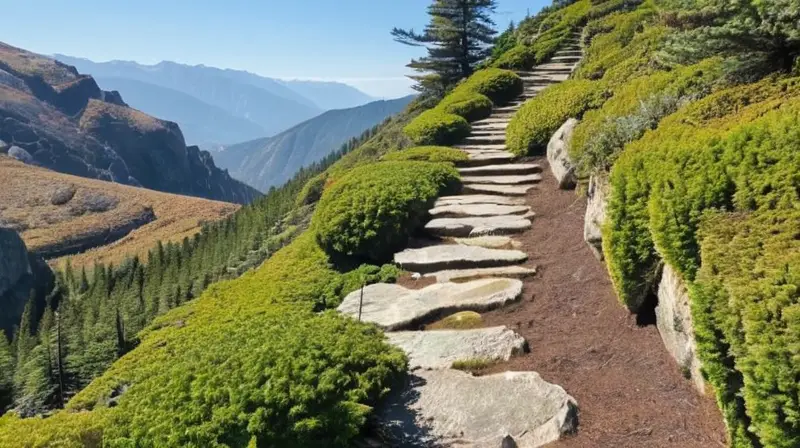 El tramo de montaña descansa bajo un entorno pintoresco con laderas cubiertas de vegetación rizada y bosques de coníferas en la lejanía