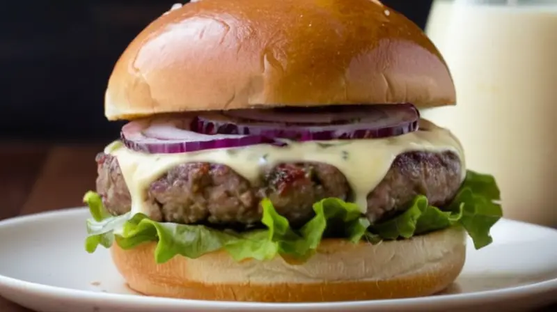 Se muestra un Impossible Burger recién preparado con condimentos variados sobre una plataforma de color marrón