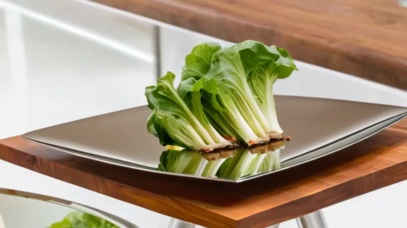 Una bandeja rectangular con una hamburguesa vegetal se ubica en un fondo blanco brillante