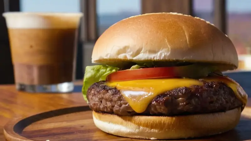 Una hamburguesa vegana y una convencional están colocadas en una mesa rural con iluminación amarilla brillante