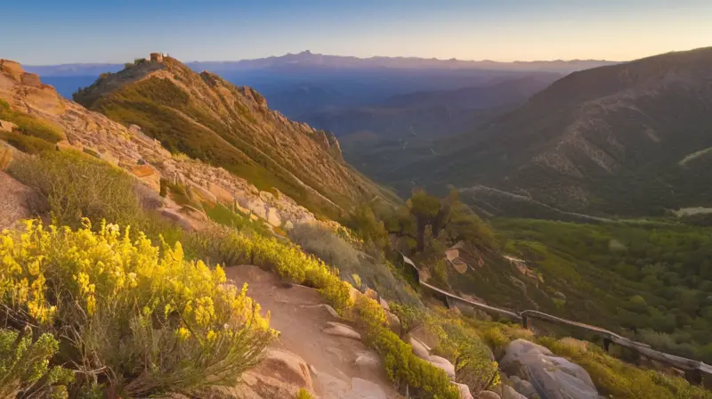 Una carretera serpentea por una vegetación verde y rocosa con un cielo matutino dorado