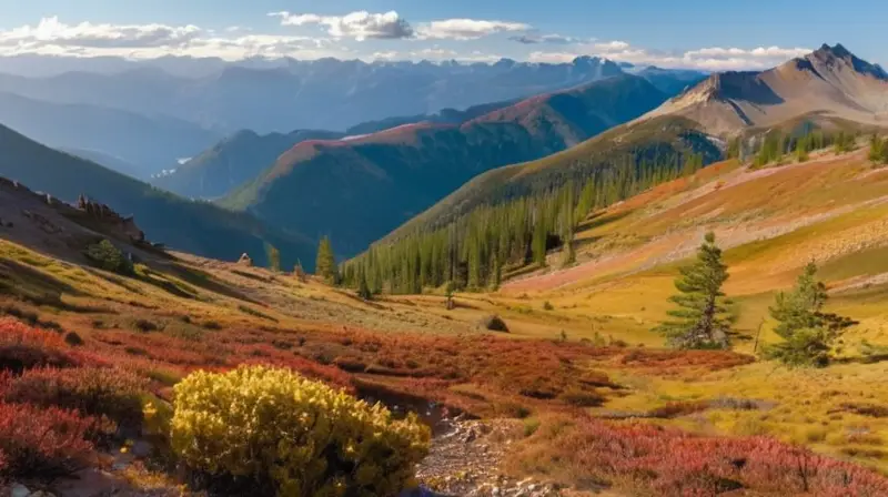 La escena describe un paisaje montañoso con pinos y cedros, colinas verdezas, ríos y una luz soleada