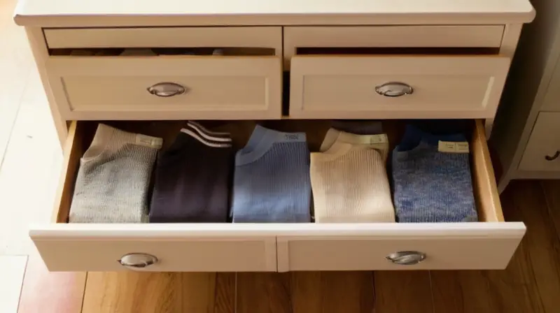 Una habitación con un ambiente suave iluminada muestra una cinta de pantalones desgastados colocados en un armario revuelto