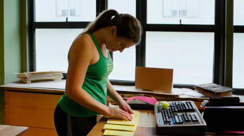 Una persona se encuentra calculando su rutina de entrenamiento en un estudio con iluminación natural y rodeado de papeles y equipamento deportivo