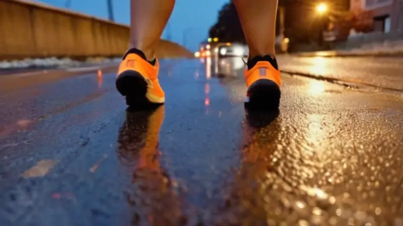 Una persona corre cuesta arriba bajo la lluvia en el asfalto húmedo de una ciudad vacía