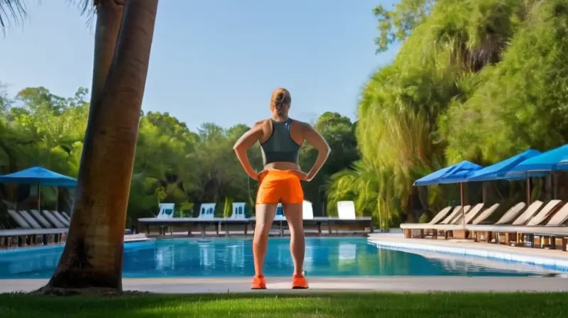 Un velocista se mantiene en posición de firmes cerca de una piscina olímpica bajo un cielo soleado con palmeras