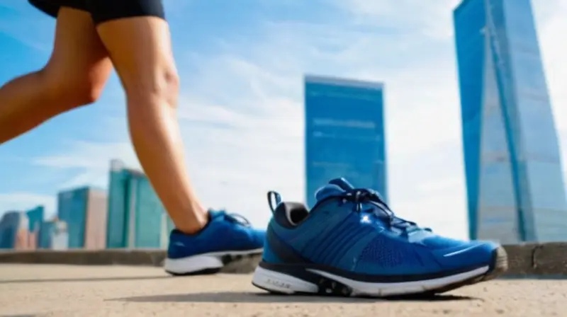 Un atleta corre en la ciudad con una arquitectura urbana en el fondo