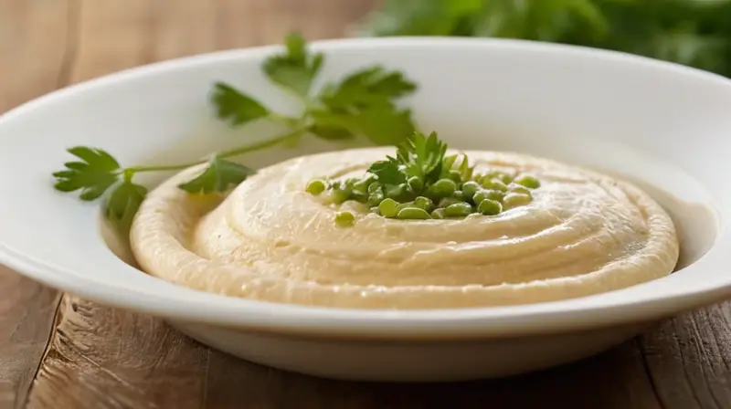 Un plateado de hummus reposa en un plato blanco con delicada ornamentación y frescura junto a un sprig de parsimonioso