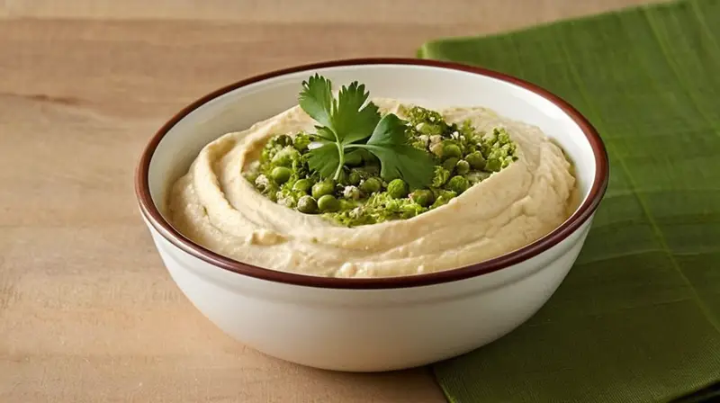 Un bol de humus está adornado con hierbas frescas y sal sobre una mesa cubierta de un lienzo blanco despojado