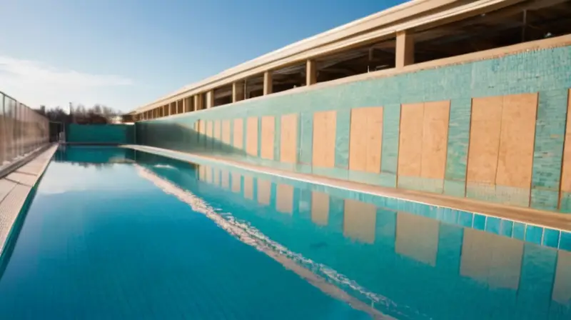 Una piscina rectangular está en primer plano, rodeada de personas que caminan hacia o lejos del fondo mientras el sol esplendorosa brilla