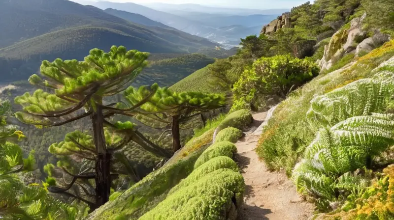 La escena muestra un bosque misterioso con árboles verdes de abetos españoles rodeados de flores y hierba