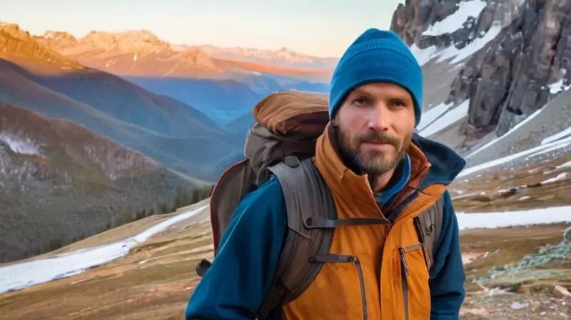 Un hiker robusto con un hábito de senderismo lleva una mirada fija hacia cierta distancia