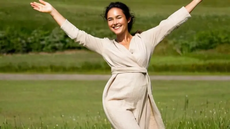 Una mujer sonriente con la piel bronceada se muestra en un prado verde y viste ropa de linén beige holgada