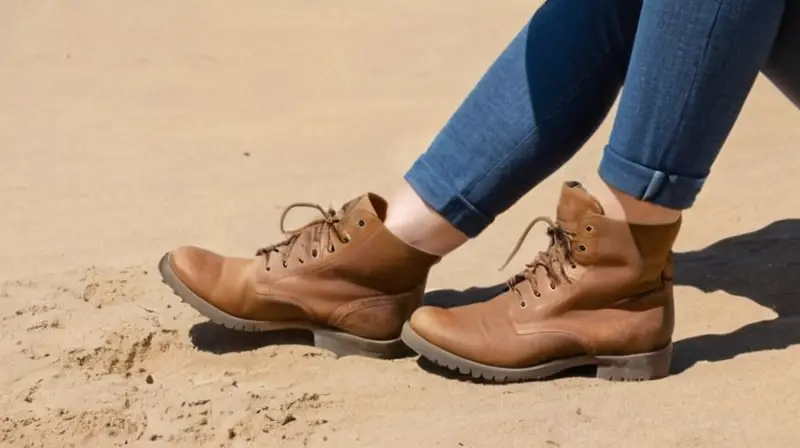 Se muestra una figura humana de pie al aire libre con ropas arrugadas y zapatos de cuero marrón