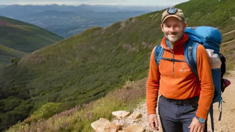 Un caminante medio anciano se levanta en posición de triunfo frente a un poste de señalización con los emblemas rojos del Camino de Santiago