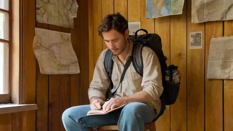 Una figura viste con botas de senderismo y un mochila se sienta en una silla de madera al lado de un espacio lleno con fotografías viejas, libros abiertos y mapas desordenados