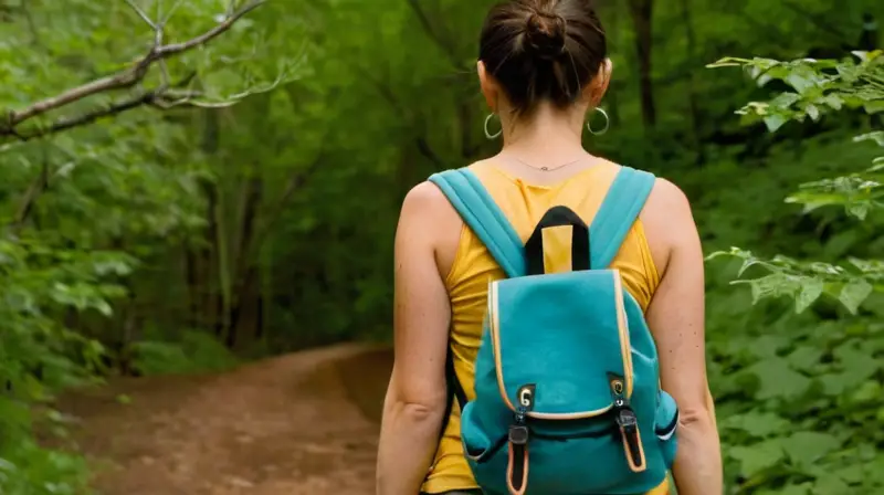 Una joven camina por un camino de tierra con una mochila vieja y una camiseta amarilla a través de un bosque denso