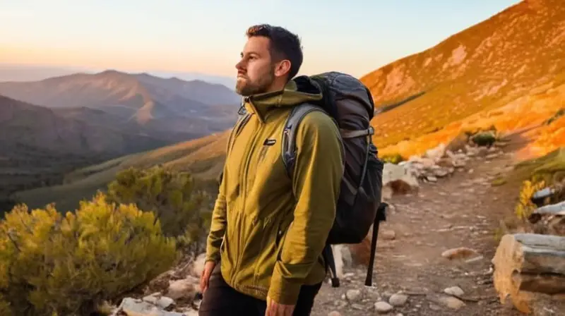 Un peregrino cansado pero satisfecho se apoya en la cima de una montaña rocosa al atardecer