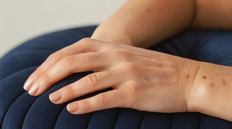 Una mujer reposa su mano con dedos relajados y anillos sobre una almohada azul oscura, rodeada de un ambiente tenue con detalles finos en su piel arrugada