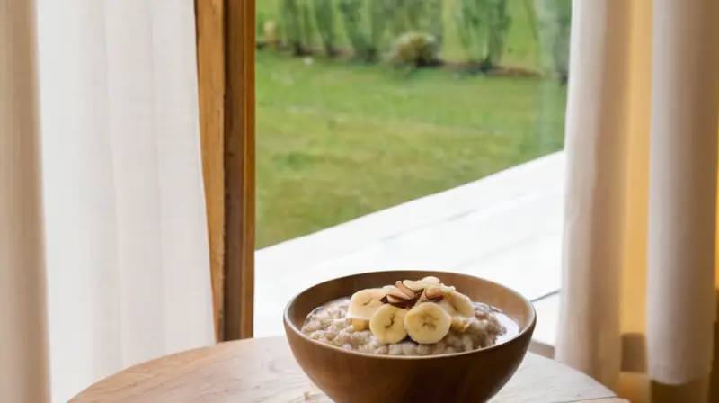 Una joven mujer come quinua con plátano y almendras en una mesa de madera junto a una ventana que deja entrar el sol