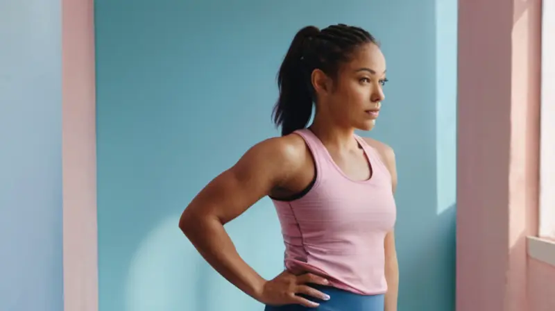 Una mujer de 30 años está ejercitándo con equipo de gimnasio en una habitación minimalista, vestida con ropa deportiva suave y ligera