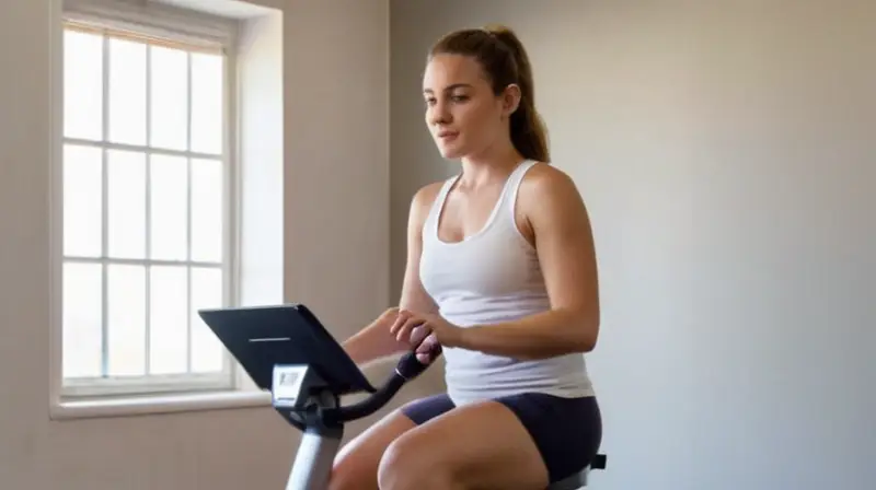 Una joven sentada en una bicicleta de entrenamiento, con sus características físicas mostradas por la luz matutina