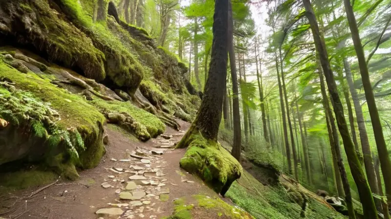 Un sendero montañoso trepa por una ladera estrecha en un paisaje lleno de piedras oscuras y árboles verdes