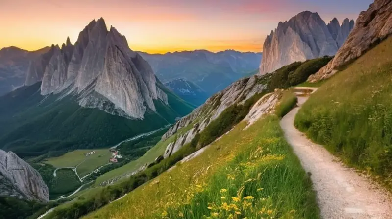 Un sendero serpenteante se extiende a través de prados emeraldes hasta un impresionante abismo granítico rodeado de picos erosionados por el viento y las nubes matizadas en oro